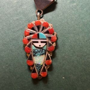 Zuni vintage Turquoise and Red Pendant Necklace